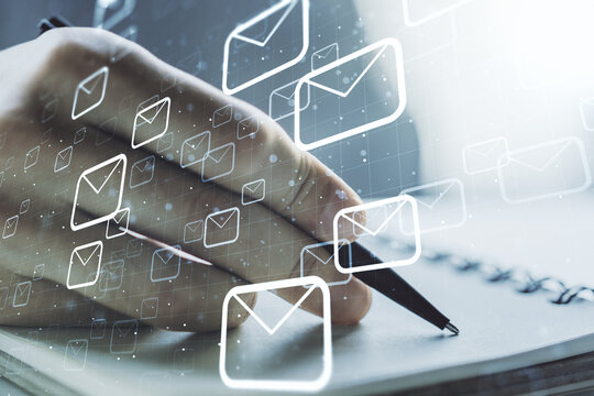 Creative abstract postal envelopes hologram with hand writing in diary on background, email and notification concept. Multiexposure - Powered by Adobe