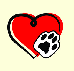 paw print, pet footprint on the background of the heart 