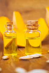 Pumpkin seed oil in a bottle. Selective focus.