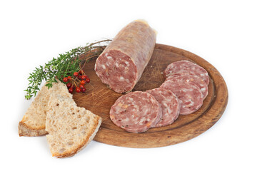 italian salami sliced on a wood cutting board
