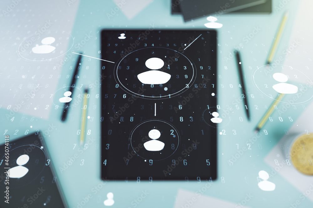 Poster Double exposure of social network icons concept and modern digital tablet on background. Networking concept