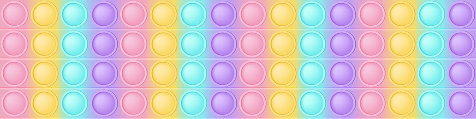 Popit wide background a cartoon trendy silicon fidget toys. Addictive antistress toy in pastel colors. Bubble sensory developing popit for fidgets. Vector illustration in rectangle format suitable for - obrazy, fototapety, plakaty
