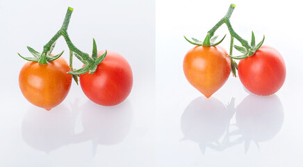 Two young beautiful cherry tomatoes on a branch on a white background with reflection. Different angles
