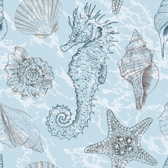 Marine vector hand drawn pattern with sea shells, stars, seahorse and coral. Highly detailed. Perfect for textiles, wallpaper and prints.