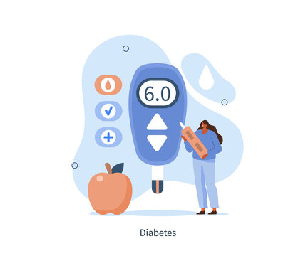 Patient check blood sugar level with glucometer. Character with diabetes use medical device to prevent hypoglycemia. Diabetes mellitus lifestyle. Flat cartoon vector illustration.