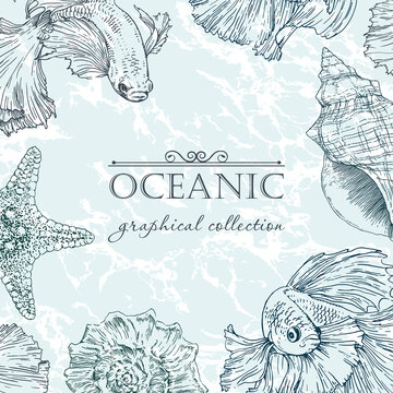 Decorative vector frame with fish, seashells and starfish. Perfect for cards, invitations and photo design.
