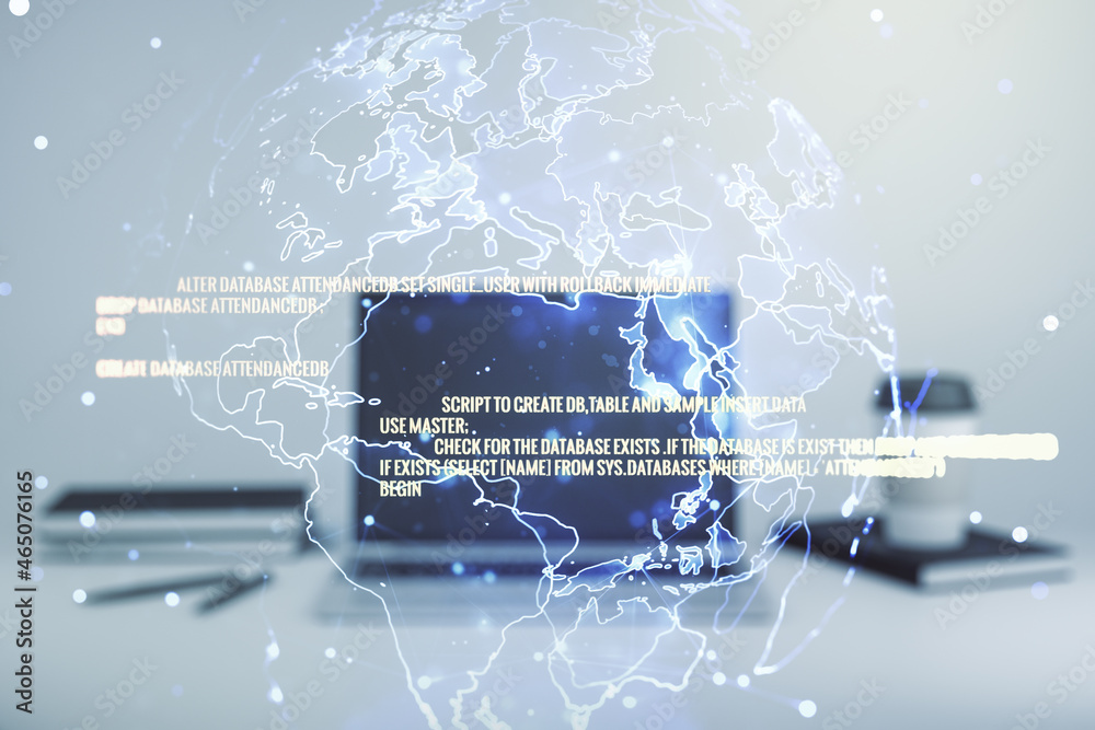 Poster multi exposure of abstract creative coding sketch with world map on modern laptop background, artifi