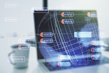 Multi exposure of abstract graphic coding sketch with world map on modern computer background, big data and networking concept