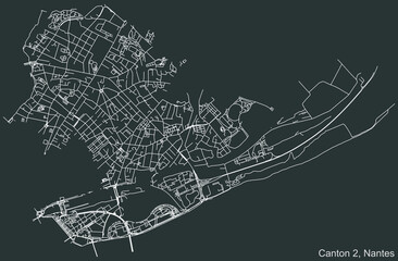 Detailed negative navigation urban street roads map on dark gray background of the quarter Canton-2 district of the French capital city of Nantes, France