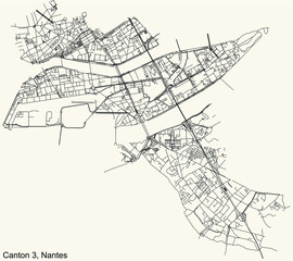 Detailed navigation urban street roads map on vintage beige background of the quarter Canton-3 district of the French capital city of Nantes, France