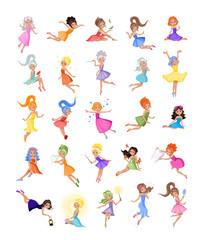 Cartoon magic fairies. A collection of cute fairytale girls characters.