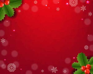 Christmas Card With Holly Berry Red Background With Gradient Mesh, Vector Illustration