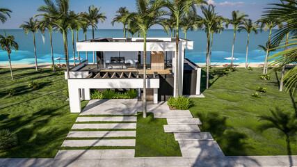 3d rendering of modern cozy house with pool and parking for sale or rent in luxurious style by the sea or ocean. Sunny day by the azure coast with palm trees and flowers in tropical island