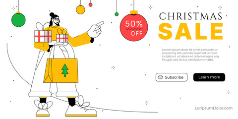Christmas Sale Banner Design. Happy woman holding Xmas gifts and shopping bag. Social media or website shopping banner, holiday promotion, seasonal sale, online shop advertisement.