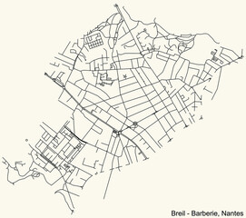 Detailed navigation urban street roads map on vintage beige background of the quarter Quartier Breil - Barberie district of the French capital city of Nantes, France