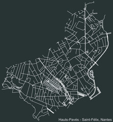 Detailed negative navigation urban street roads map on dark gray background of the Quartier Hauts-Pavés - Saint-Félix district of the French capital city of Nantes, France