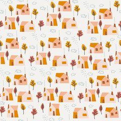 Seamless pattern with country houses, trees in yellow, rainy clouds. Cozy background, rural autumn concept. Thanksgiving Day concept. For surface design and other design projects
