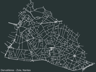 Detailed negative navigation urban street roads map on dark gray background of the Quartier Dervallières - Zola district of the French capital city of Nantes, France