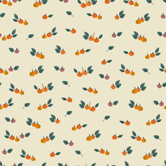 Seamless pattern with pumpkins and leaves on beige background. Thanksgiving Day concept. For wrapping paper and other design projects