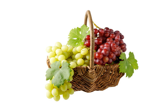 Different mixed red and green grape bunches with leaves in wicker basket isolated on white