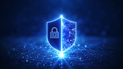 It's the idea of securing information and maintaining privacy in cyberspace. In the center, there is a shield. The connection point between the polygons is the little padlock. dark blue background.