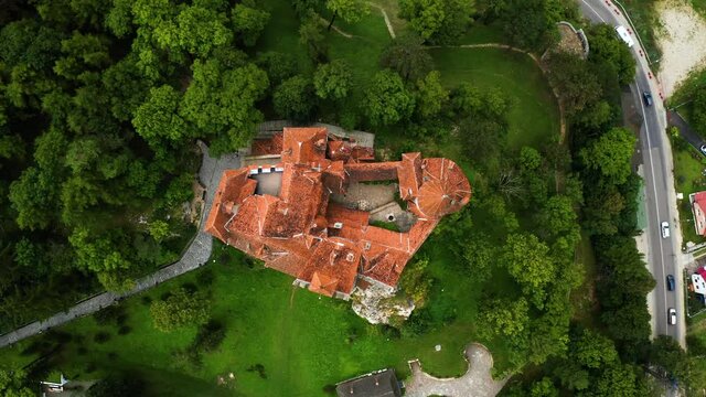 Aerial view of Bran Castle at sunset. Dracula's castle in Transylvania, Romania