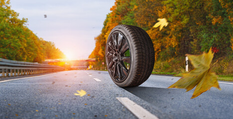 Car tires with aluminum rims on the autumn road - winter tire change concept