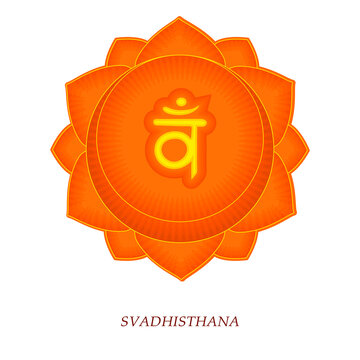 The second Swadhisthana chakra with the Hindu Sanskrit seed mantra Vam . Orange is a flat-style symbol for meditation, yoga. illustration