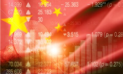 Double exposure of China flag and stock market graph chart