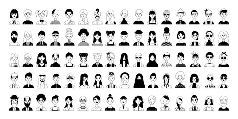 Big collection of avatars. Funny and serious characters in cartoon style. Black and white graphics.