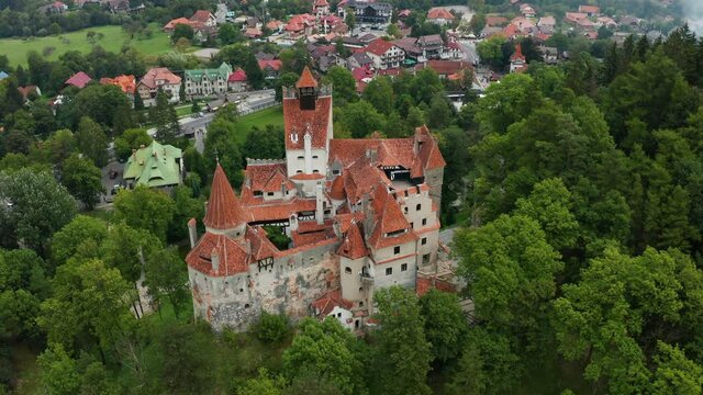 Aerial view of Bran Castle at sunset. Dracula's castle in Transylvania, Romania