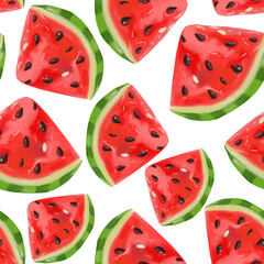 Watermelon seamless pattern on isolated white background. Berry juicy print. Summer time. Raster illustration in style of realism.