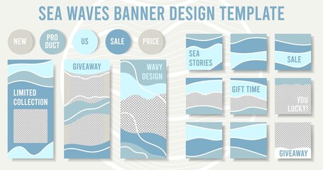 Abstract background sea waves,ocean water,rivers,lakes instagram background social media banner.Stories and post frame templates.Vector cover.Mockup personal blog or shop.Endless square photos puzzle