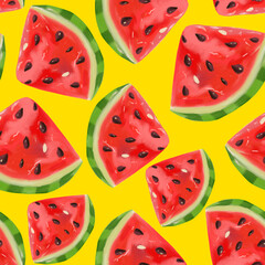 Watermelon seamless pattern on yellow background. Berry juicy print. Summer time. Raster illustration in style of realism.