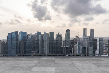 Panoramic Singapore skyline view, concrete observatory deck on rooftop, sunset. Asian corporate and residential lifestyle. Financial city downtown, real estate. Product display mockup empty roof