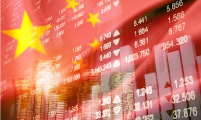 Double exposure of China flag and stock market graph chart