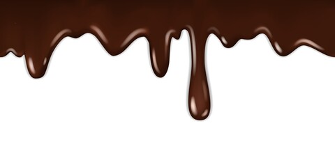 Chocolate dripping. Gourmet delicious cocoa liquid frame, cooking hot tasty syrup melted chocolates bitter with drops isolated. Horizontal border vector realistic illustration