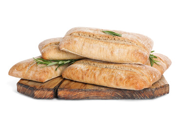 Crispy ciabattas with rosemary isolated on white. Fresh bread