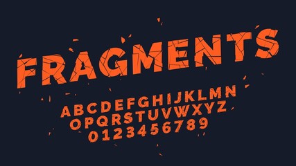 Fragments font. Broken oblique alphabet, capital latin letters and numbers typography, red divided text, cracked typeface, break glass design, chopped typeface, vector flat isolated set