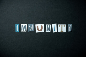 Immunity words. Caption, heading made of letters with different fonts on a dark background.