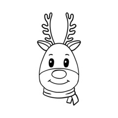 Illustration with cute deer, isolated on white background. Perfect for coloring page for kids,  invitation cards, print, etc. Hand drawn vector line sketch. New Year festive winter symbol.