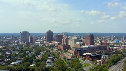 Flying backwards from downtown New Haven over I-95