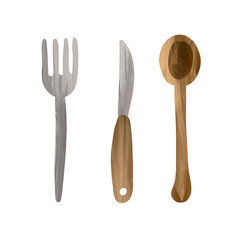 Seth knife, fork and spoon on an isolated white background. Kitchen tools, cutlery. Logo