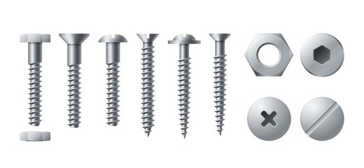 Screws metal. Bolt screw nut rivet. Realistic self-tapping bolts isolated. Workshop assortment template, round or hexagon fastener caps, industrial construction hardware, vector set - obrazy, fototapety, plakaty