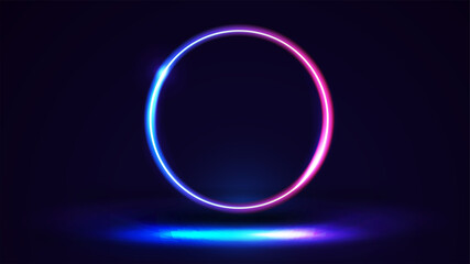 Dark scene with large pink and blue gradient neon ring.