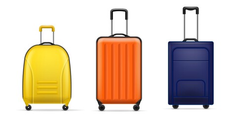 Realistic luggage bags. Modern travel plastic bags different forms and sizes, shockproof bright flight suitcases on wheels with extendable handles, fashion baggage. Vector 3d isolated set
