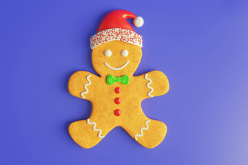 Obraz na płótnie Canvas Traditional gingerbread man with icing Christmas new year cookies, flat lay pattern on red background