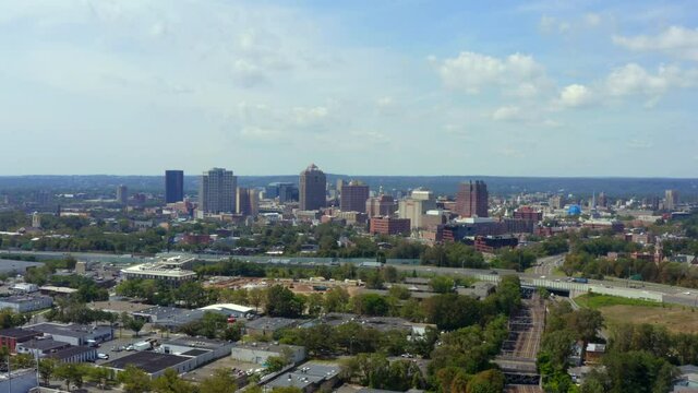 Aerial of New Haven flying past I-95 over industrial district