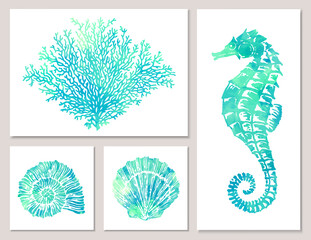 Set of sea elements in blue watercolor style: seashells, starfish, seahorse, coral. Composition of llustrations on wall in white frames