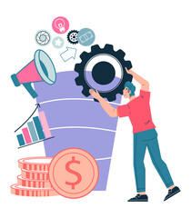 Sales funnel management business concept. Business strategy of increasing conversion rates, generating new leads  SMM strategies, flat vector illustration isolated on white background.